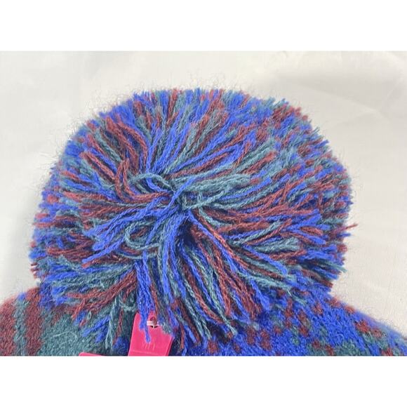 3/$20 Sam Edelman Circus Acrylic Knit Ski Hat Pompom Logo Blue Plaid New - Picture 5 of 6